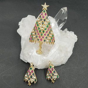 Vintage Corocraft Rhinestone Christmas Tree Brooch Earring Set